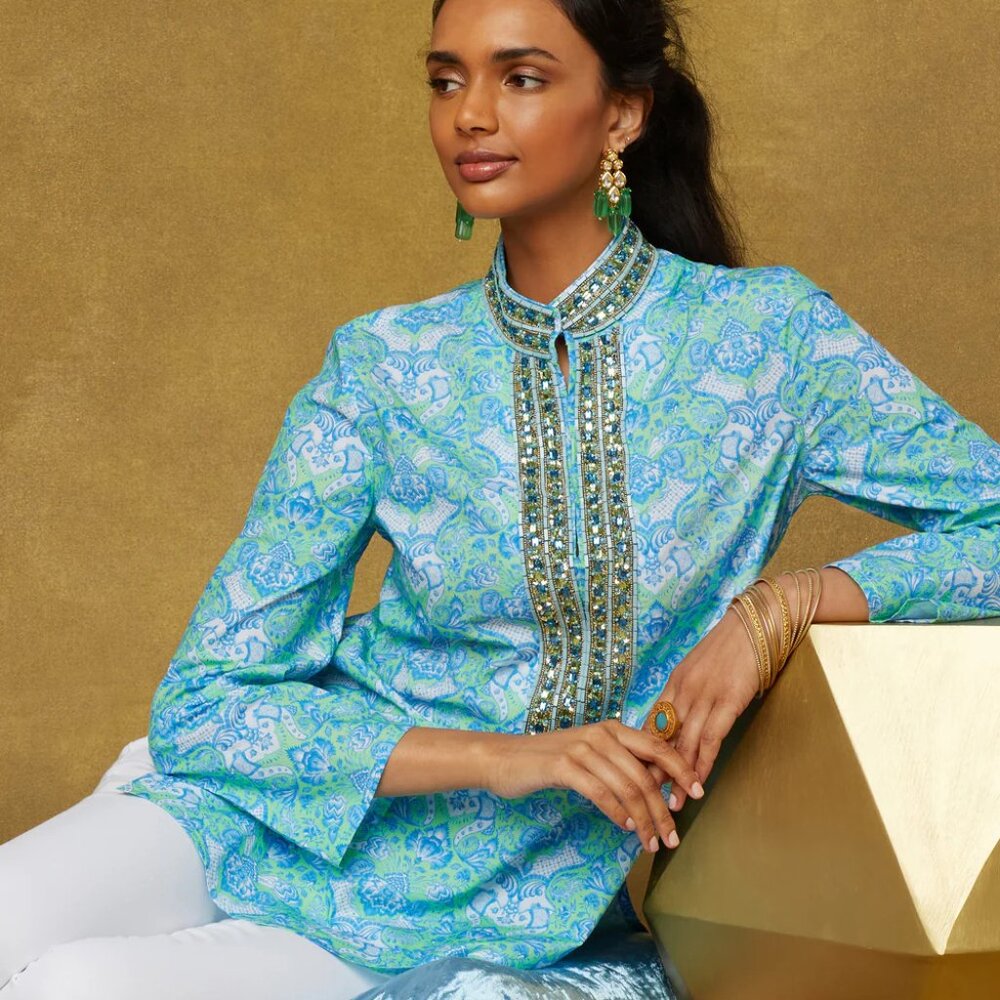 Nicoblu tunic with jeweled neckline